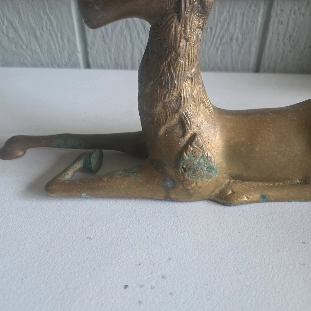 Vintage Brass Sculpture Deer MCM Stag Reclining Figure Antlers Aged Patina AS IS